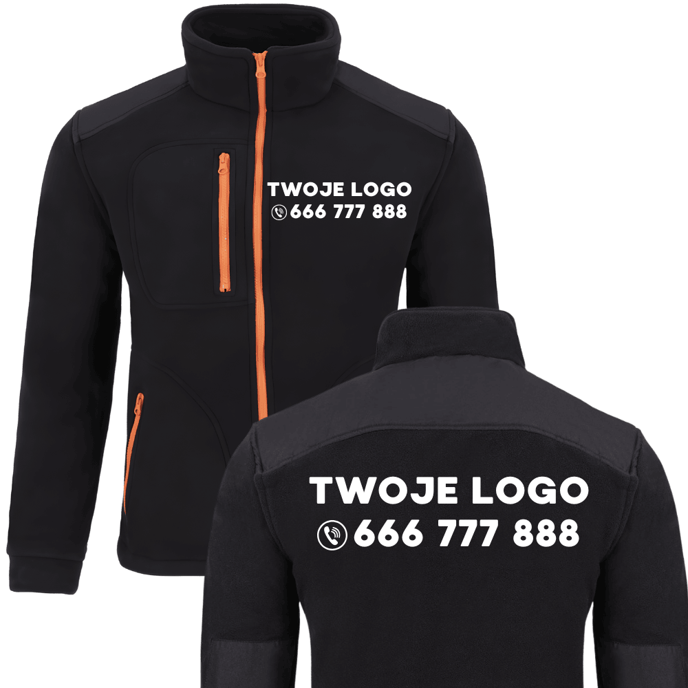 Polar roboczy premium z nadrukiem logo firmy — FLRA 340 czarno-pomarańczowy antypilingowy 350 g/m² wzmocnienia odzież firmowa