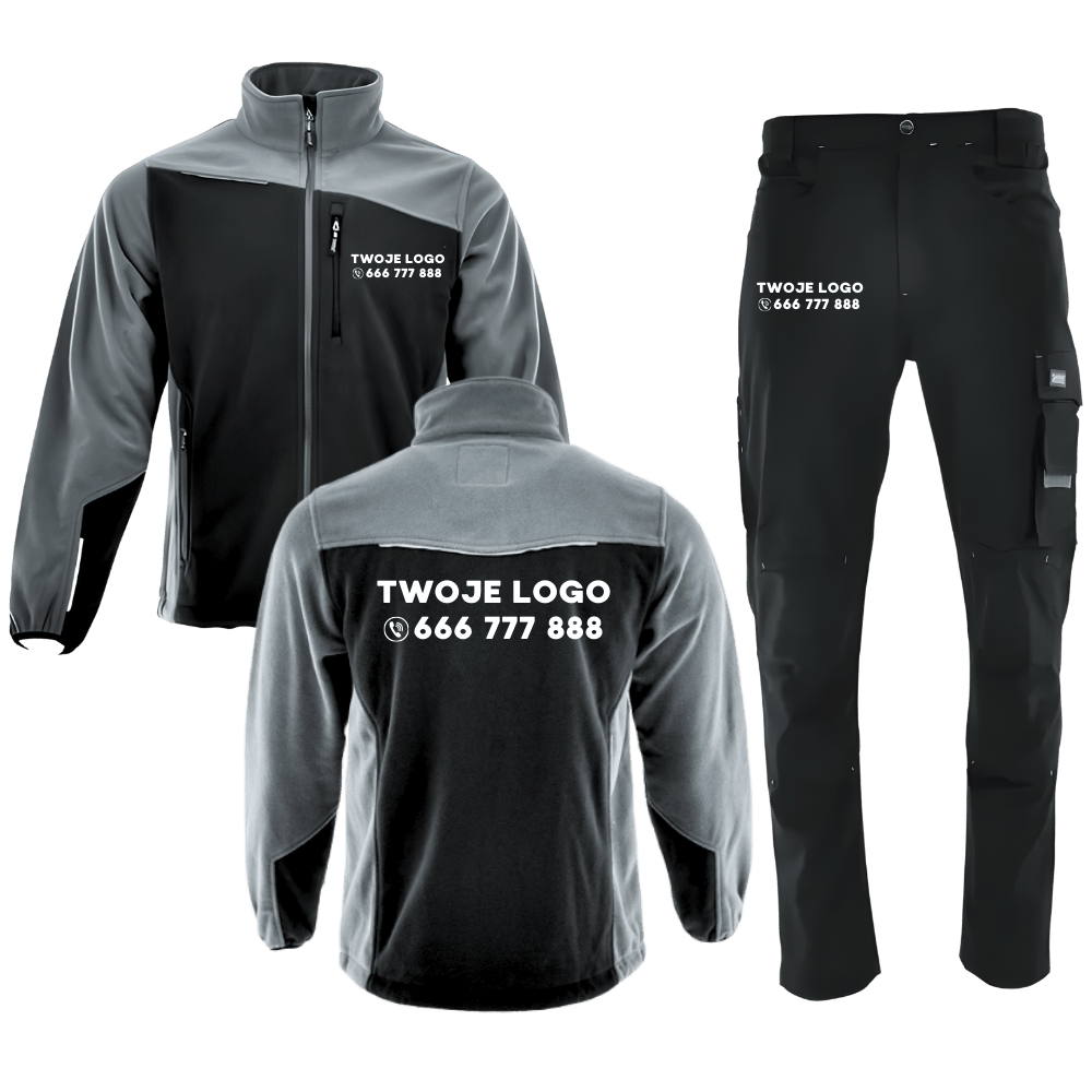 Komplet roboczy z nadrukiem Actiflex + polar Comfort Plus — lekkie spodnie stretch 250 g/m², polar 350 g/m², logo firmy