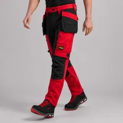 Spodnie robocze z kaburami Snickers 6218 — czerwono-czarne, stretch Sorona®, CORDURA®, EN 14404