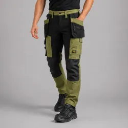 Spodnie robocze z kaburami Snickers 6218 — khaki-czarne, stretch Sorona®, CORDURA®, EN 14404