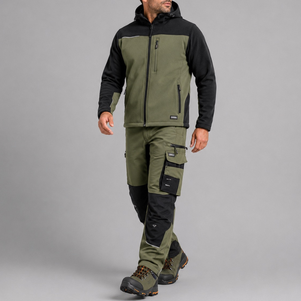 Ubranie robocze sportowe na wiatr i deszcz — komplet spodnie Motionflex + softshell Comfort Plus