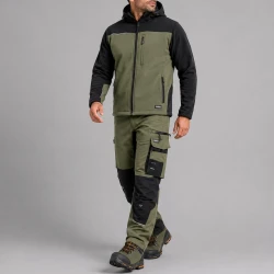 Ubranie robocze sportowe na wiatr i deszcz — komplet spodnie Motionflex + softshell Comfort Plus