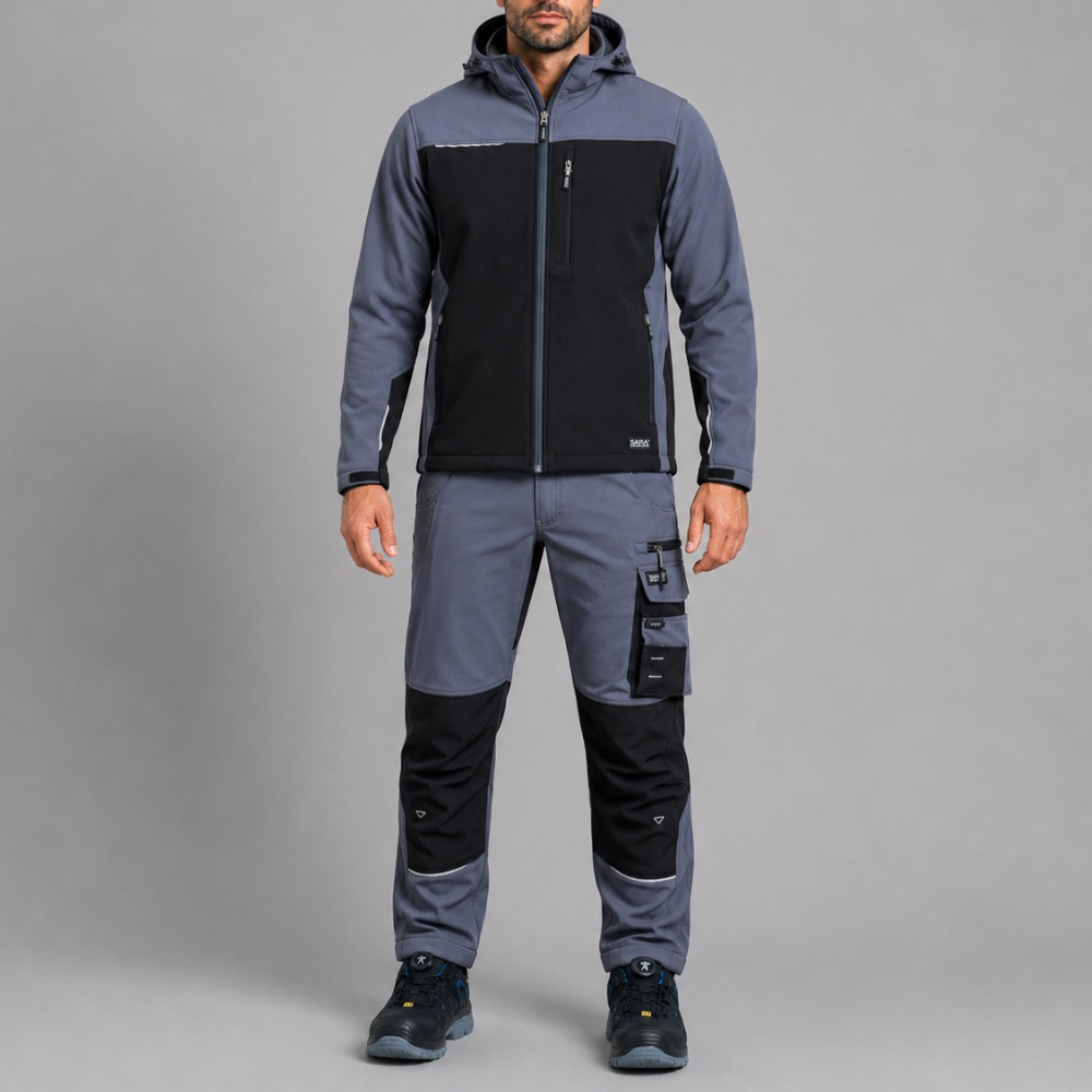 Ubranie robocze sportowe na wiatr i deszcz — komplet spodnie Motionflex + softshell Comfort Plus
