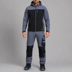 Ubranie robocze sportowe na wiatr i deszcz — komplet spodnie Motionflex + softshell Comfort Plus