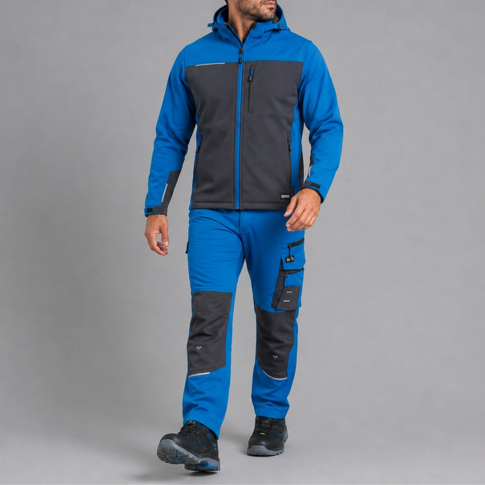 Ubranie robocze sportowe na wiatr i deszcz — komplet spodnie Motionflex + softshell Comfort Plus
