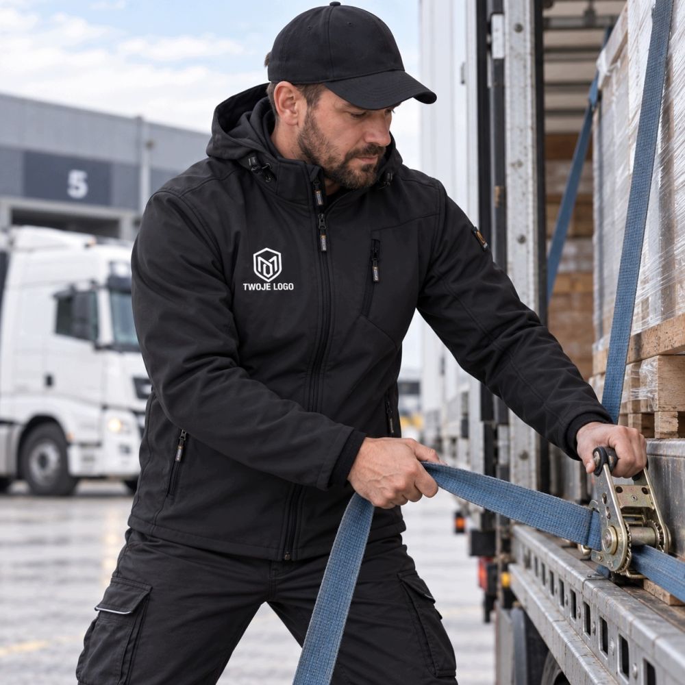 Kurtka softshell czarna z nadrukiem logo firmy — Tundra polar od wewnątrz spandex 6% odzież firmowa