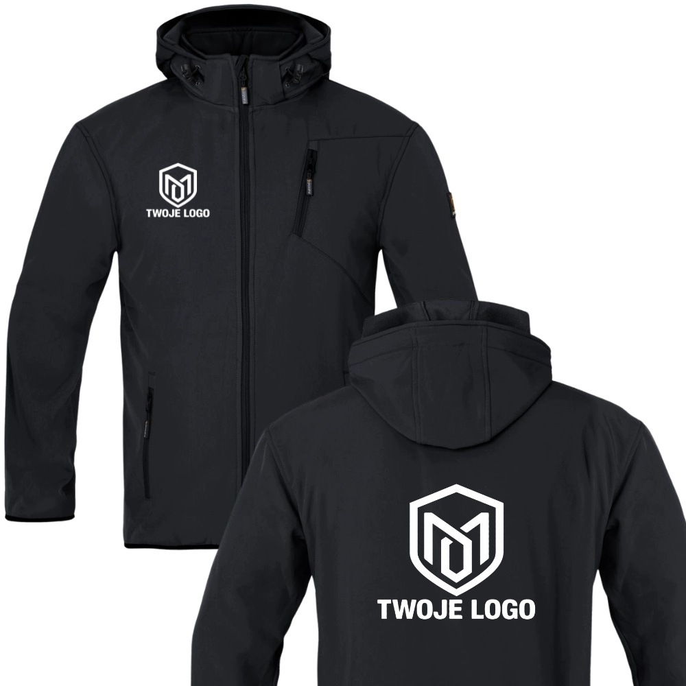 Kurtka softshell czarna z nadrukiem logo firmy — Tundra polar od wewnątrz spandex 6% odzież firmowa