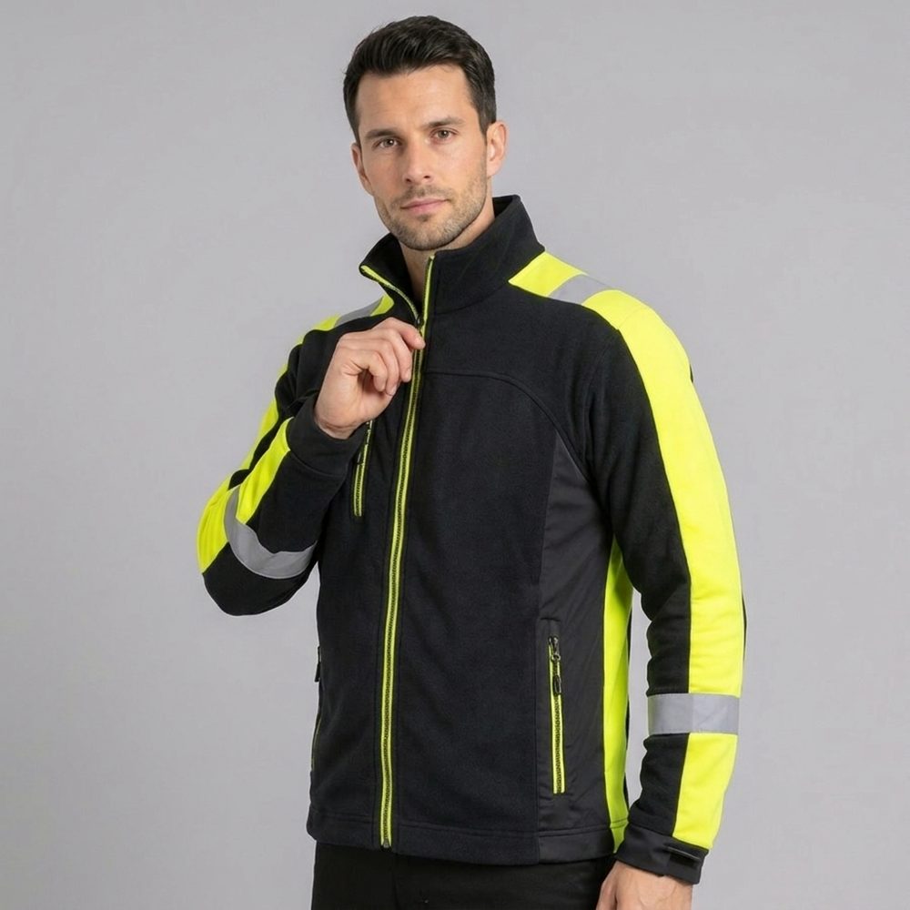Polar roboczy odblaskowy Classwork — czarny z fluo żółtymi wstawkami, 300 g/m²