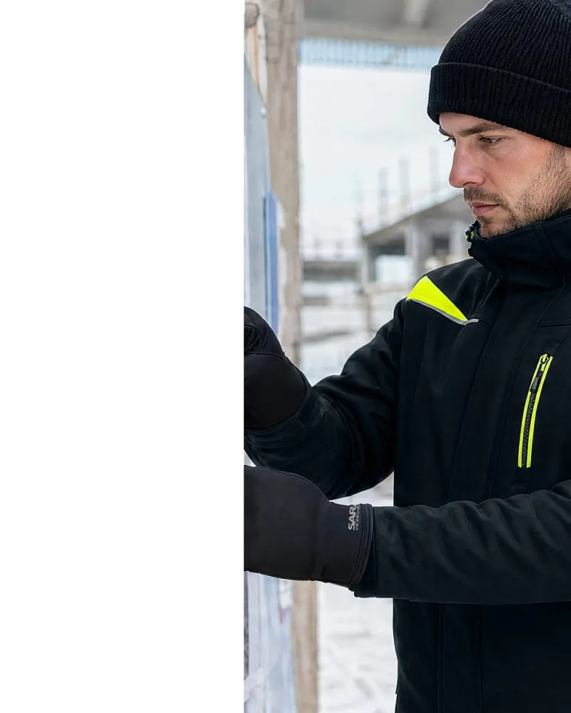 Kurtka zimowa Comfort Winter z nadrukiem logo firmy — długa, ocieplana, czarna z żółtymi wstawkami