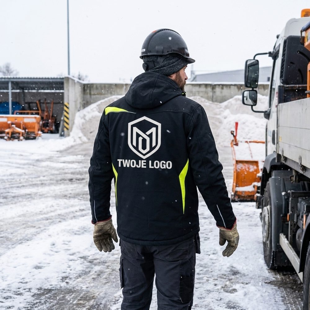 Kurtka zimowa Comfort Winter z nadrukiem logo firmy — długa, ocieplana, czarna z żółtymi wstawkami