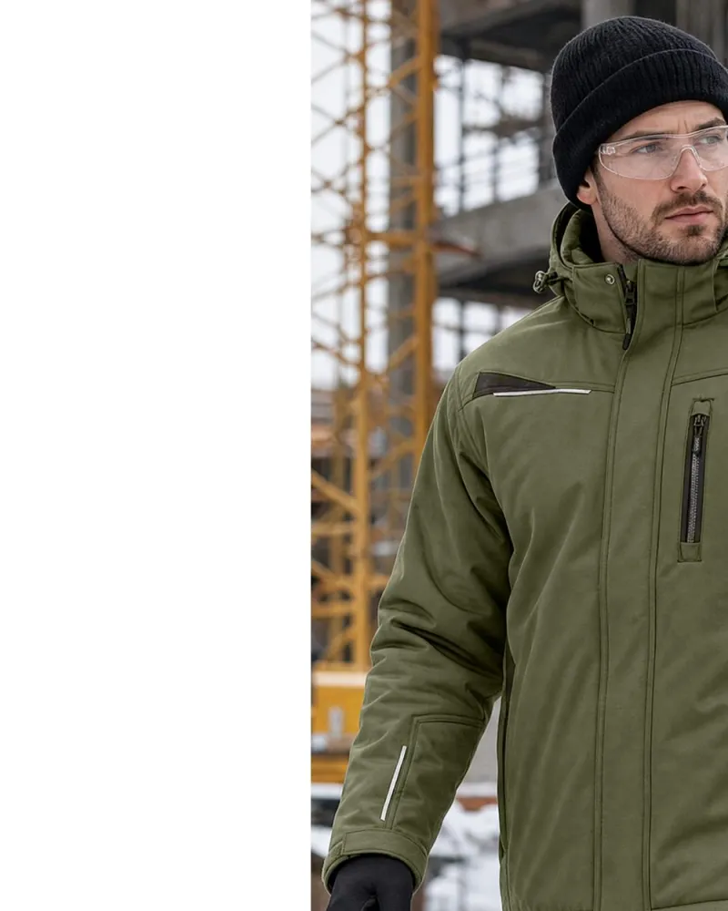 Kurtka zimowa Comfort Winter z nadrukiem logo firmy — długa, ocieplana, oliwkowa z czarnymi wstawkami