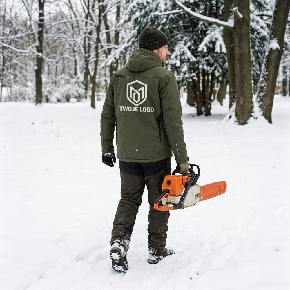 Kurtka zimowa Comfort Winter z nadrukiem logo firmy — długa, ocieplana, oliwkowa z czarnymi wstawkami