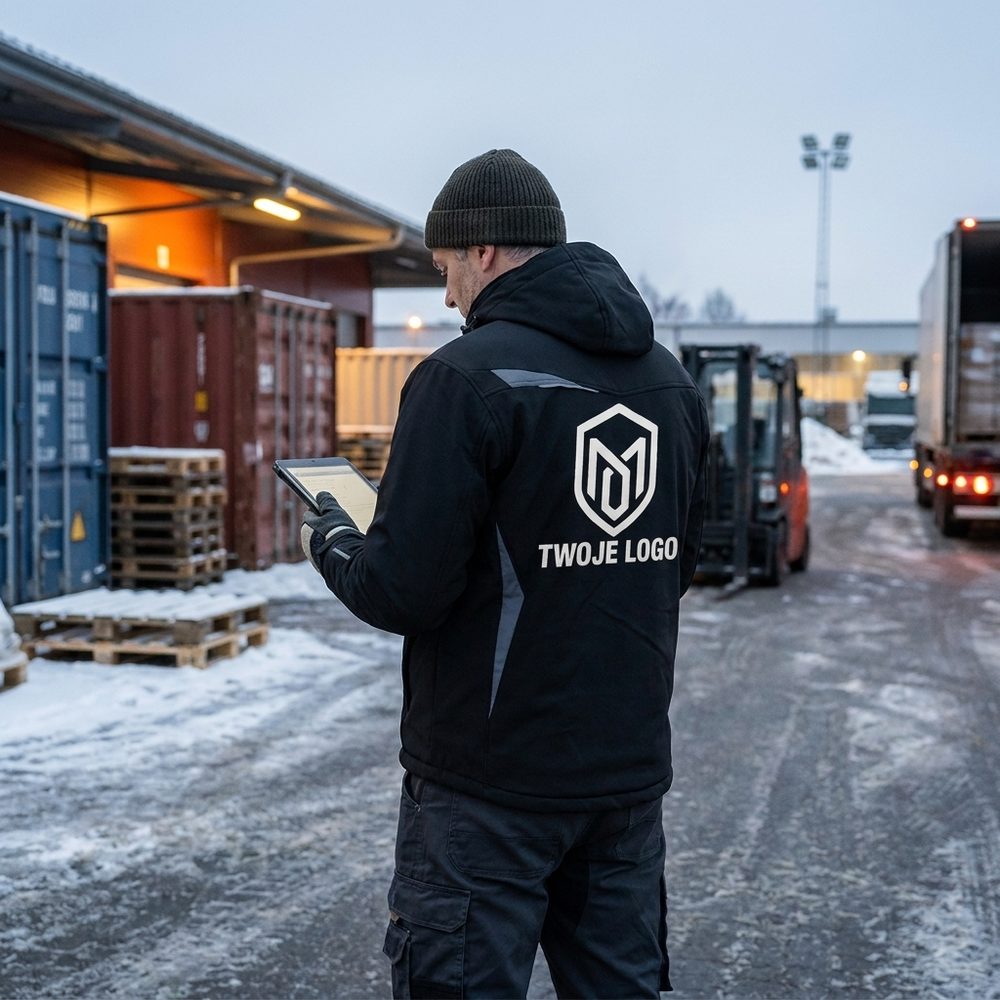Kurtka zimowa Comfort Winter z nadrukiem logo firmy — długa, ocieplana, czarno-szara