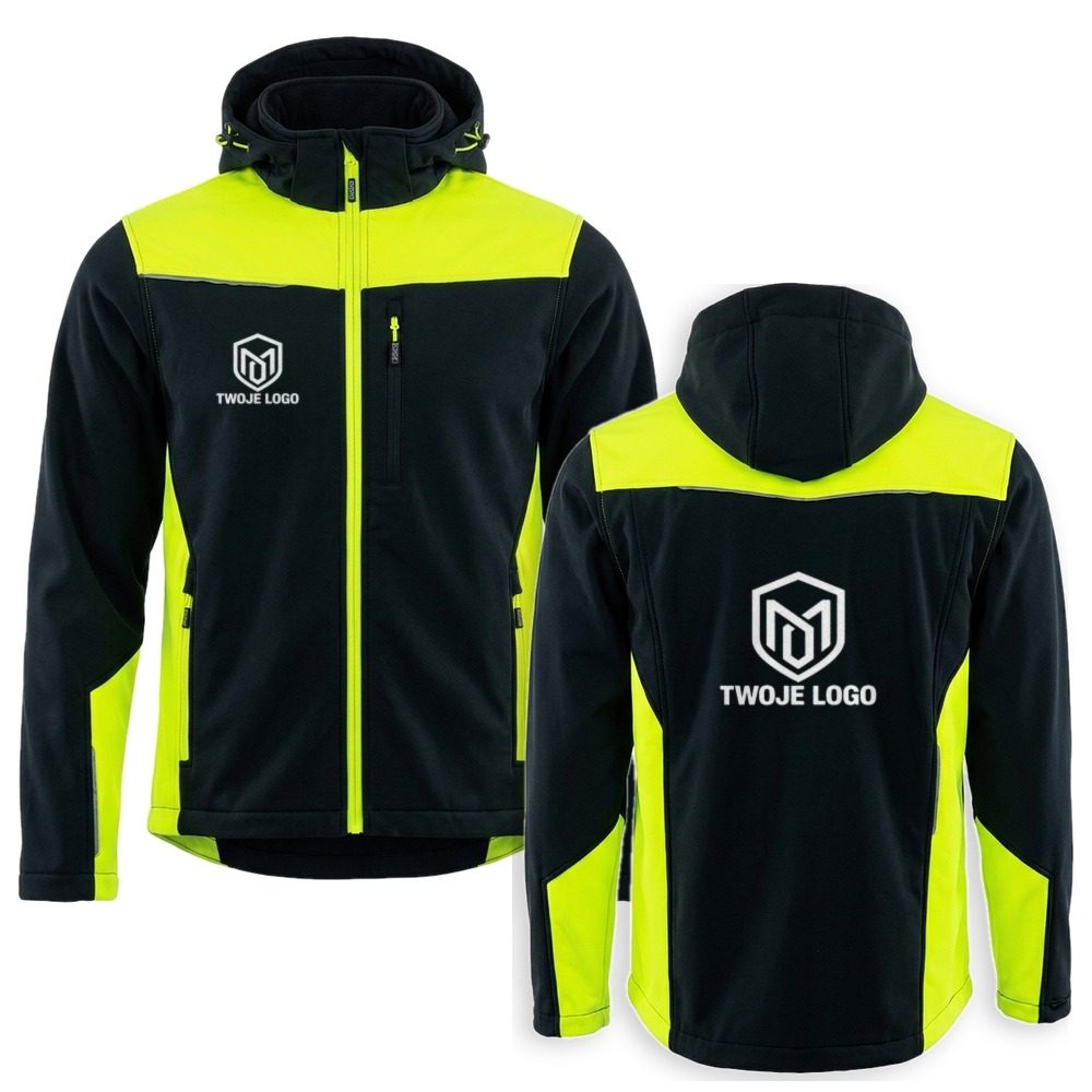 Kurtka softshell Comfort Plus z nadrukiem logo firmy — z kapturem, czarna z żółtymi wstawkami