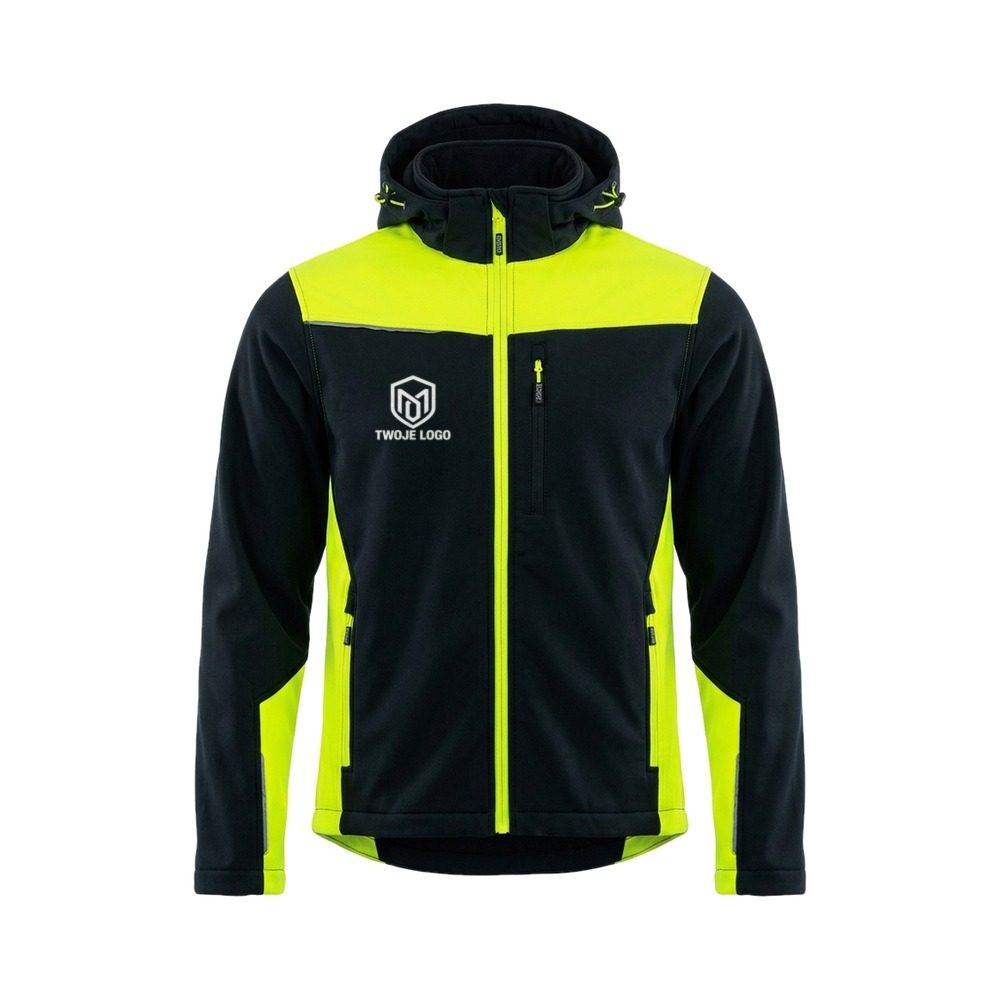 Kurtka softshell Comfort Plus z nadrukiem logo firmy — z kapturem, czarna z żółtymi wstawkami