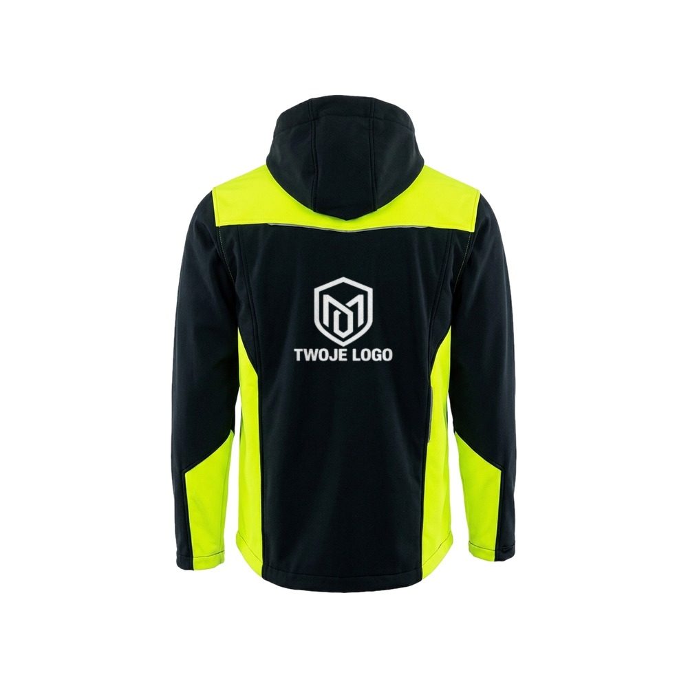 Kurtka softshell Comfort Plus z nadrukiem logo firmy — z kapturem, czarna z żółtymi wstawkami