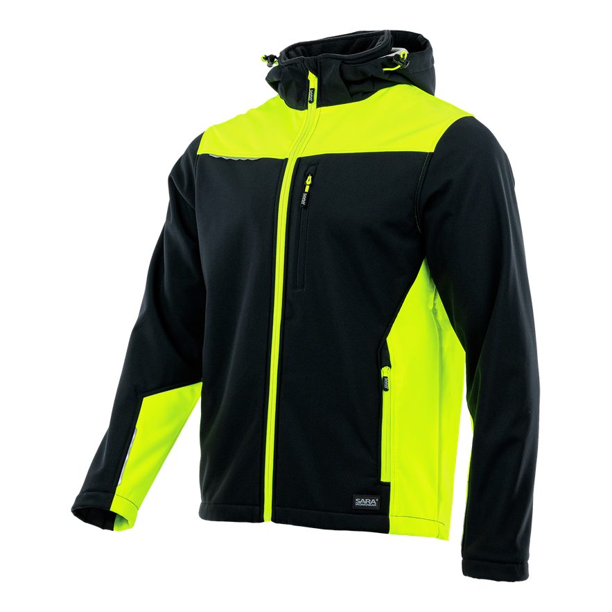 Kurtka softshell Comfort Plus z nadrukiem logo firmy — z kapturem, czarna z żółtymi wstawkami