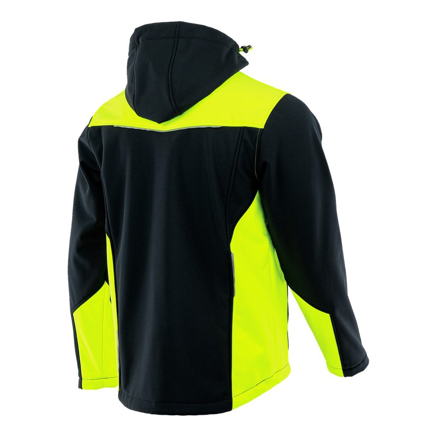 Kurtka softshell Comfort Plus z nadrukiem logo firmy — z kapturem, czarna z żółtymi wstawkami