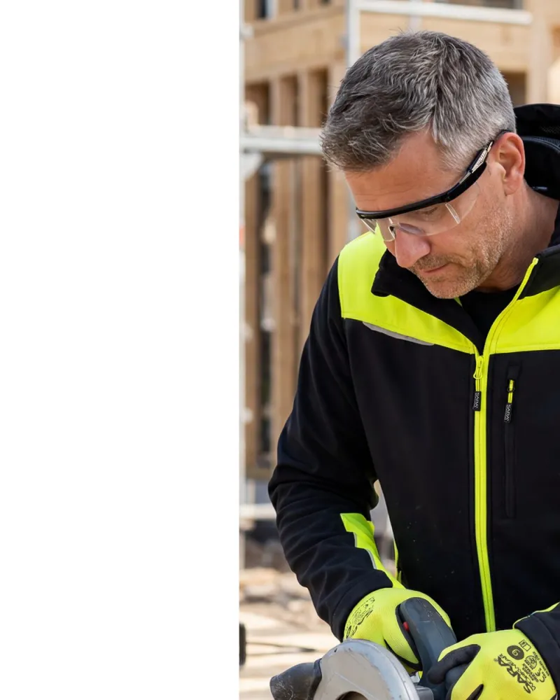Kurtka softshell Comfort Plus z nadrukiem logo firmy — z kapturem, czarna z żółtymi wstawkami
