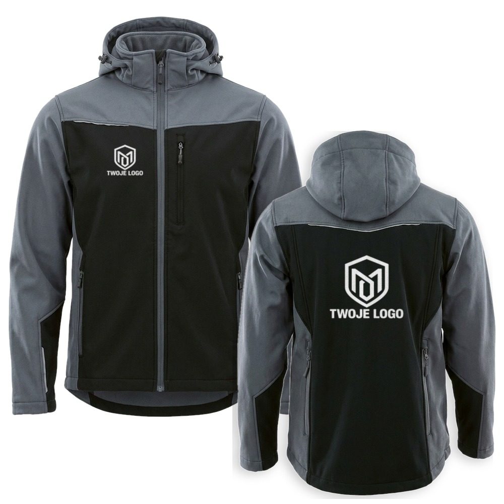 Kurtka softshell Comfort Plus z nadrukiem logo firmy — z kapturem, szaro-czarna