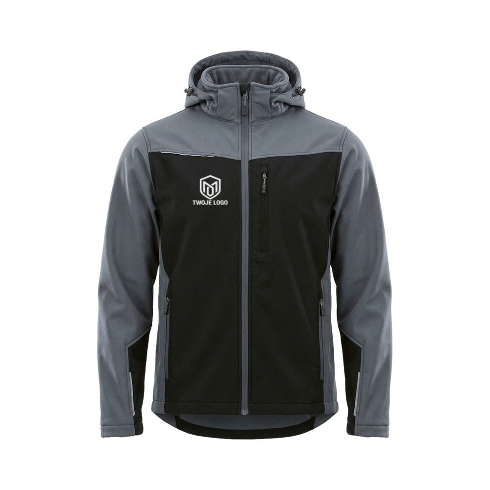 Kurtka softshell Comfort Plus z nadrukiem logo firmy — z kapturem, szaro-czarna