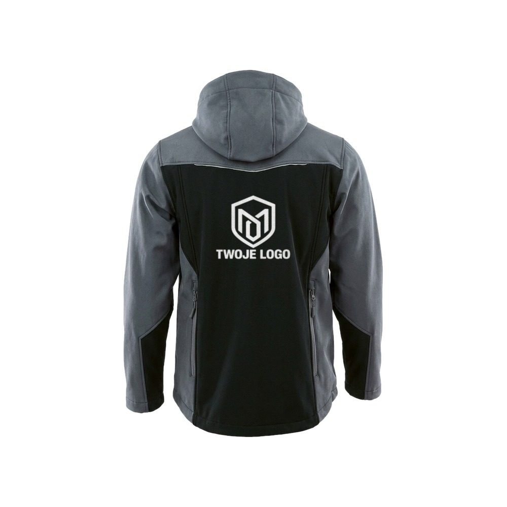Kurtka softshell Comfort Plus z nadrukiem logo firmy — z kapturem, szaro-czarna