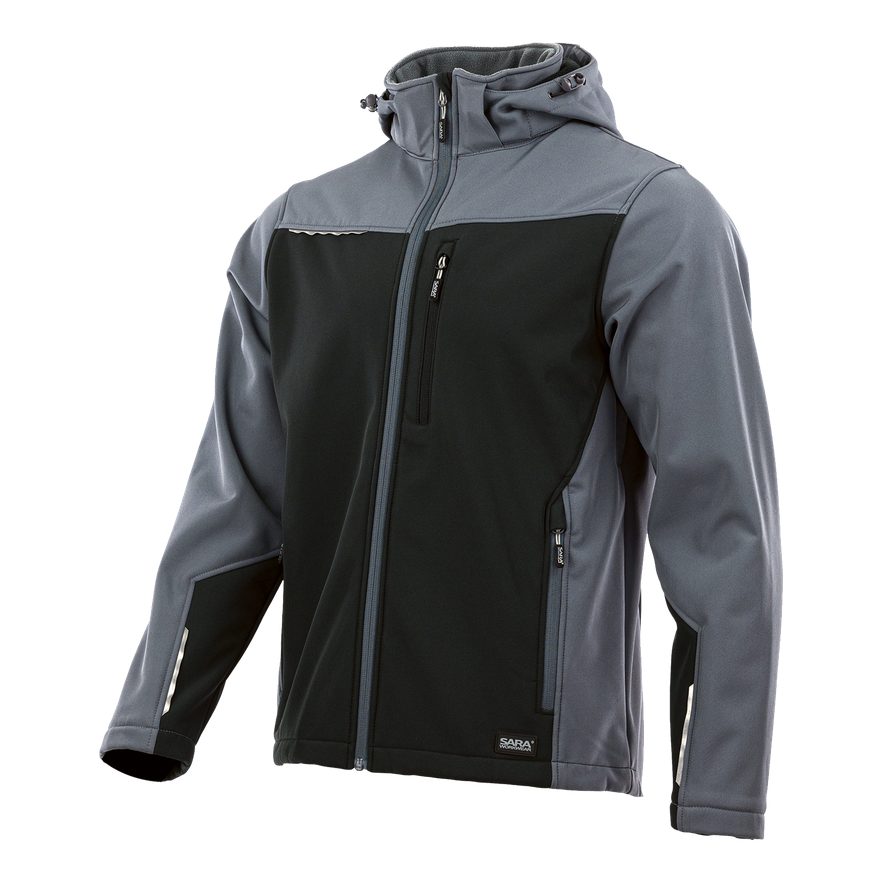 Kurtka softshell Comfort Plus z nadrukiem logo firmy — z kapturem, szaro-czarna