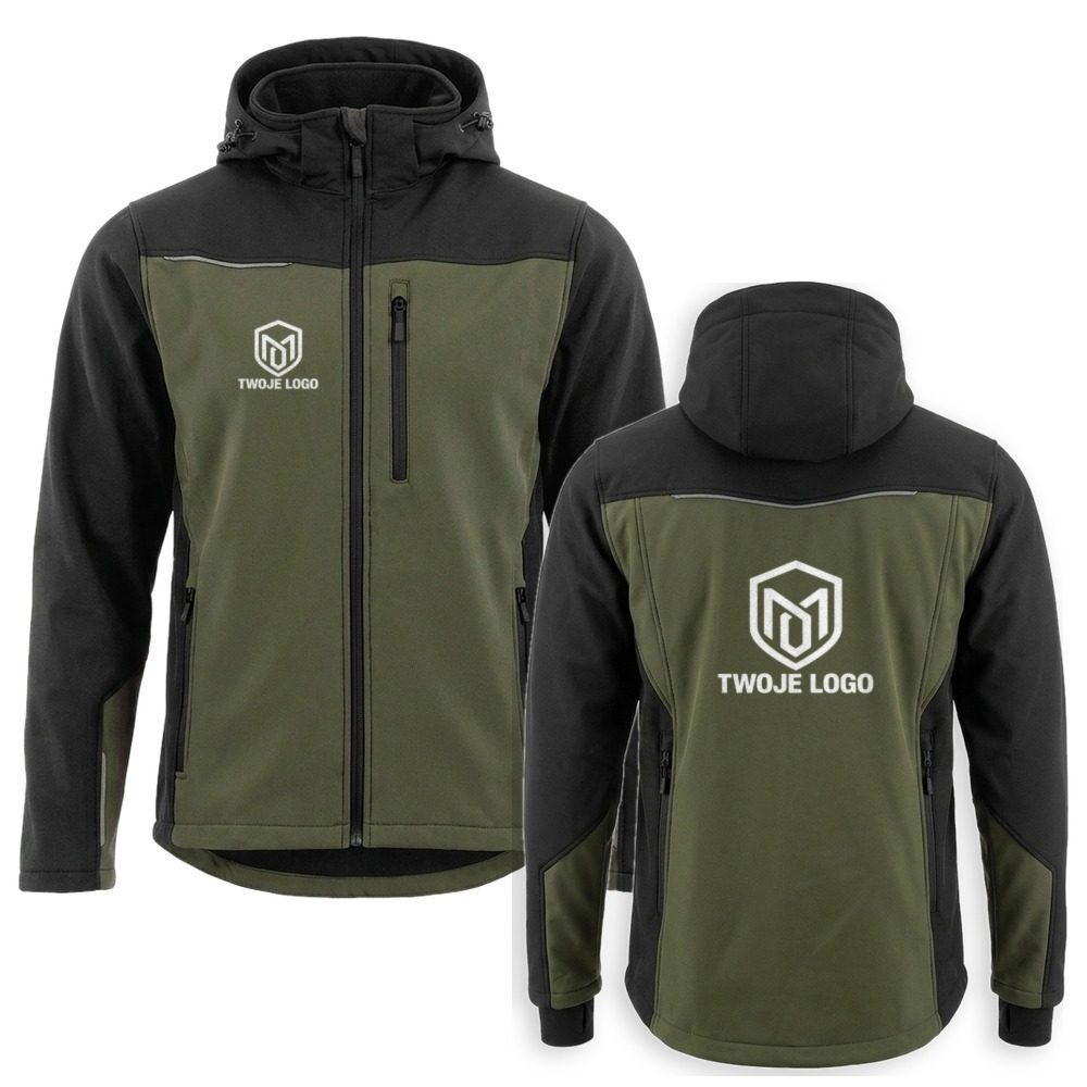 Kurtka softshell Comfort Plus z nadrukiem logo firmy — z kapturem, oliwkowo-czarna
