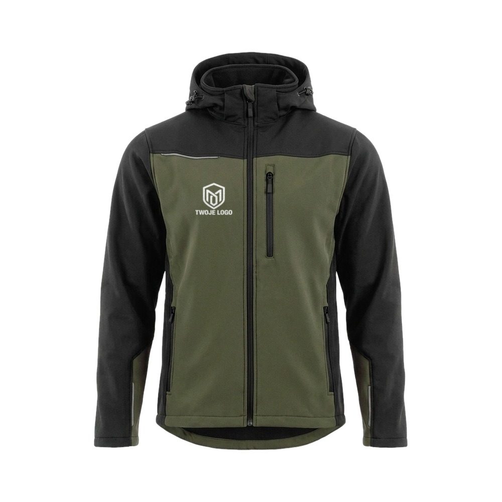 Kurtka softshell Comfort Plus z nadrukiem logo firmy — z kapturem, oliwkowo-czarna