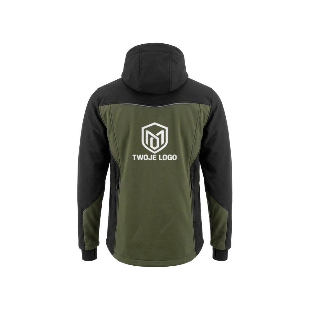Kurtka softshell Comfort Plus z nadrukiem logo firmy — z kapturem, oliwkowo-czarna