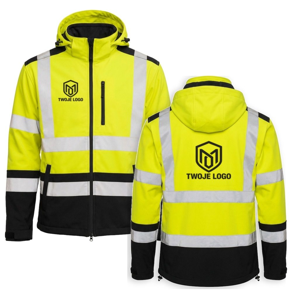 Kurtka softshell odblaskowa Softref z nadrukiem logo firmy — żółta fluo, wodoodporna TPU, z kapturem