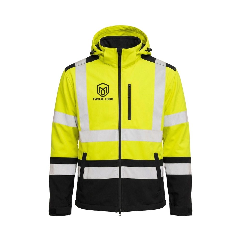 Kurtka softshell odblaskowa Softref z nadrukiem logo firmy — żółta fluo, wodoodporna TPU, z kapturem