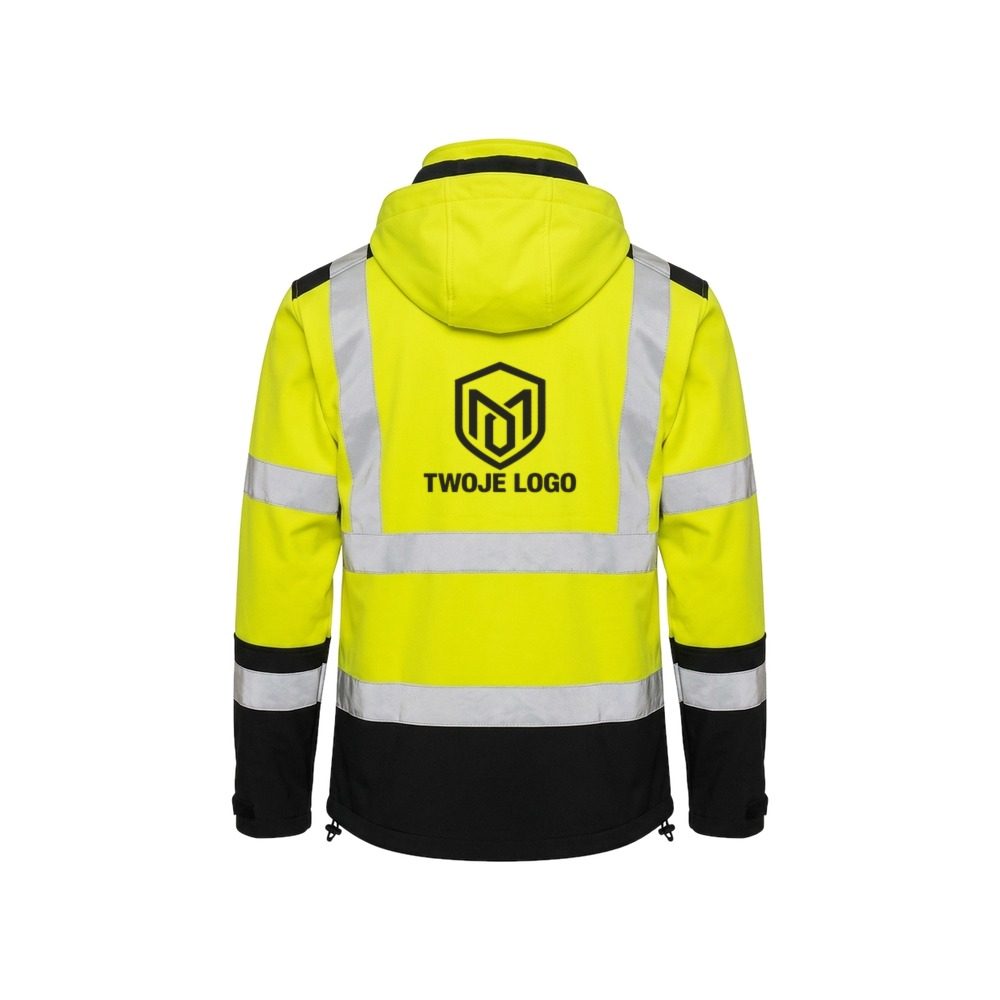 Kurtka softshell odblaskowa Softref z nadrukiem logo firmy — żółta fluo, wodoodporna TPU, z kapturem