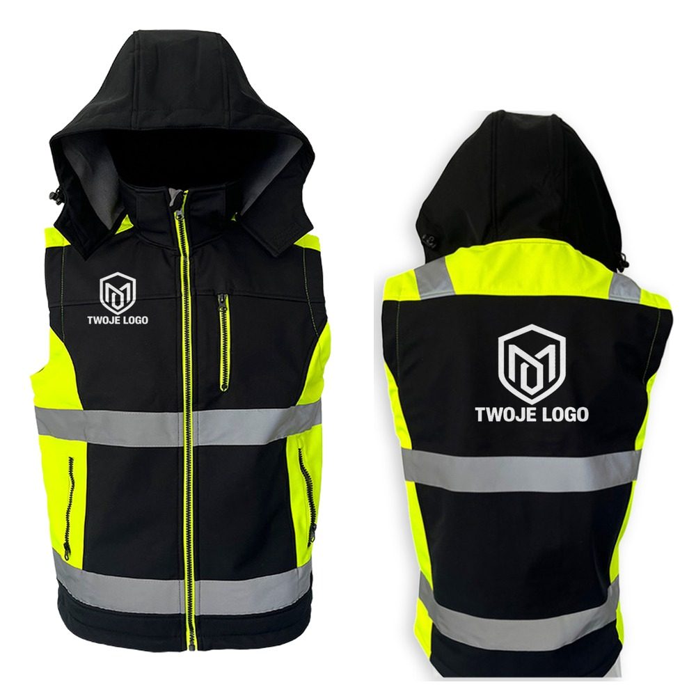 Kamizelka robocza softshell Orion z nadrukiem logo firmy — z kapturem, czarna z żółtymi wstawkami