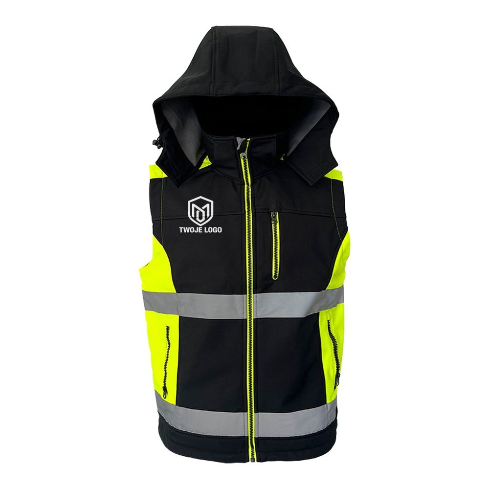 Kamizelka robocza softshell Orion z nadrukiem logo firmy — z kapturem, czarna z żółtymi wstawkami