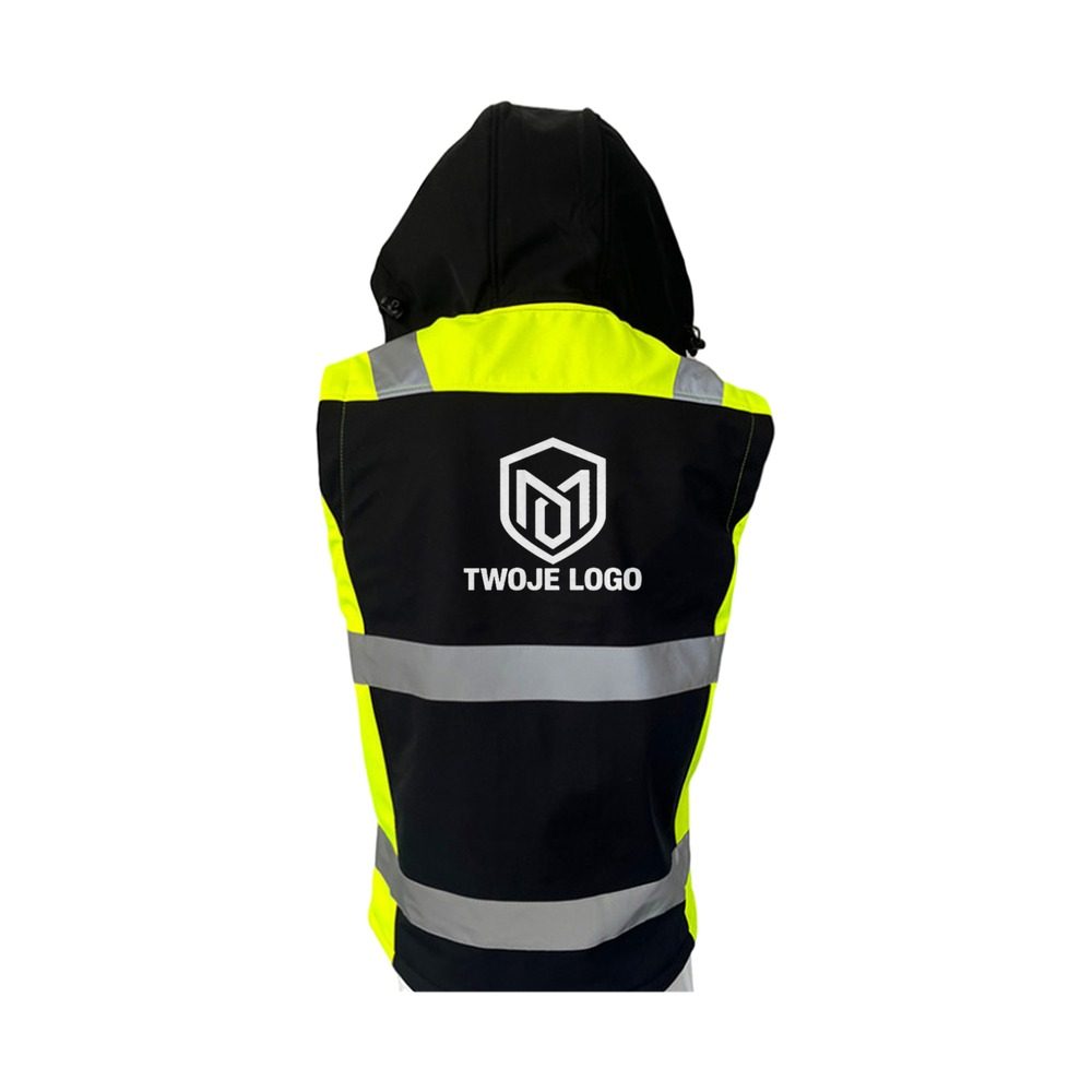 Kamizelka robocza softshell Orion z nadrukiem logo firmy — z kapturem, czarna z żółtymi wstawkami