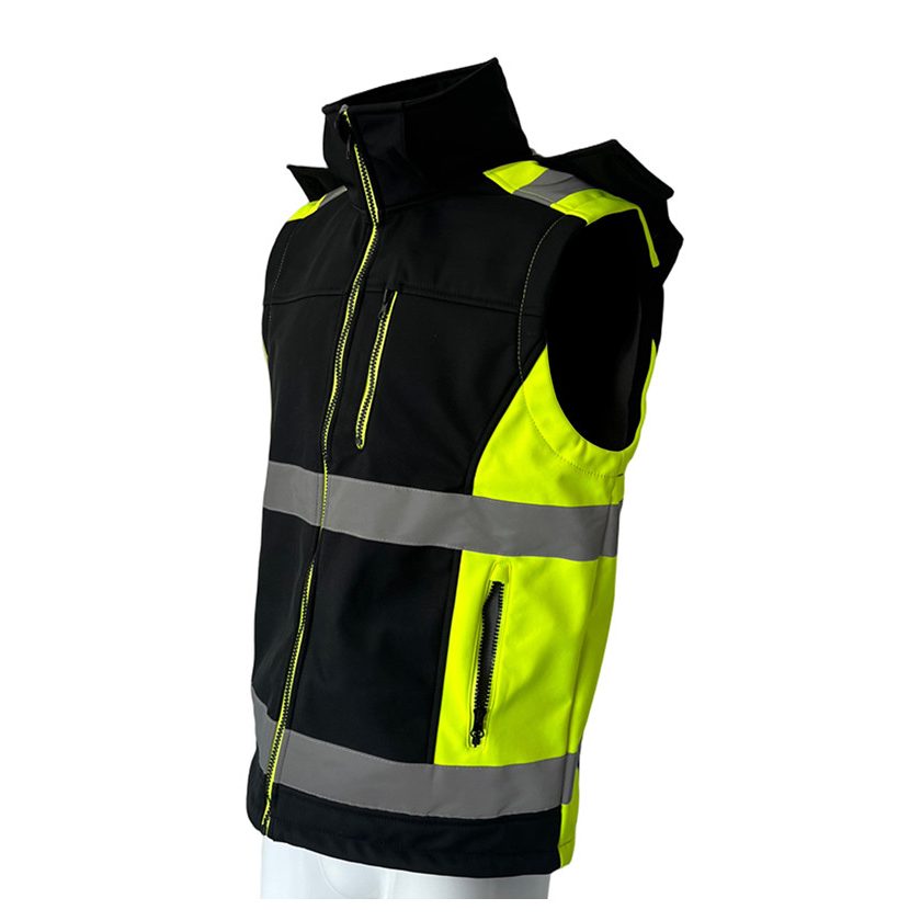 Kamizelka robocza softshell Orion z nadrukiem logo firmy — z kapturem, czarna z żółtymi wstawkami