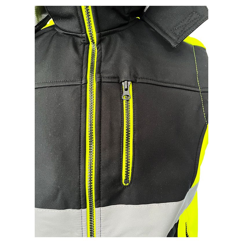 Kamizelka robocza softshell Orion z nadrukiem logo firmy — z kapturem, czarna z żółtymi wstawkami