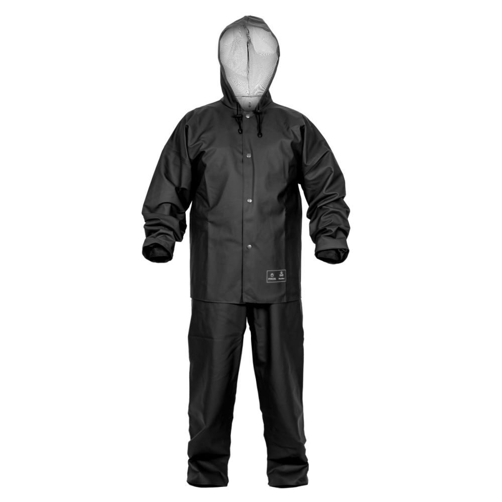 Ubranie przeciwdeszczowe robocze PVC EN 343 — kurtka 3/4 z kapturem + spodnie ogrodniczki, PROS 101/001, czarne