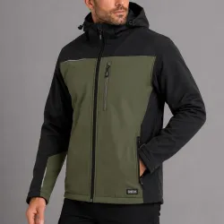 Kurtka softshell robocza wiatroszczelna wodoodporna — Comfort Plus oliwkowo-czarna z wentylacją pod pachami i otworem na kciuk