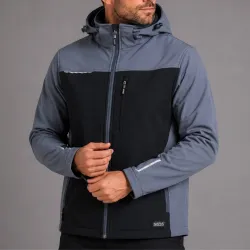 Kurtka softshell robocza wiatroszczelna wodoodporna — Comfort Plus szaro-czarna z wentylacją pod pachami i otworem na kciuk