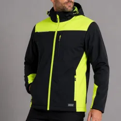 Kurtka softshell robocza wiatroszczelna wodoodporna — Comfort Plus czarno-żółta z wentylacją pod pachami i otworem na kciuk