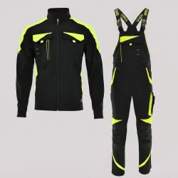 Ubranie robocze elastyczne Neoflex czarno-żółte — komplet ogrodniczki + bluza, canva stretch 260 g/m², odblaski