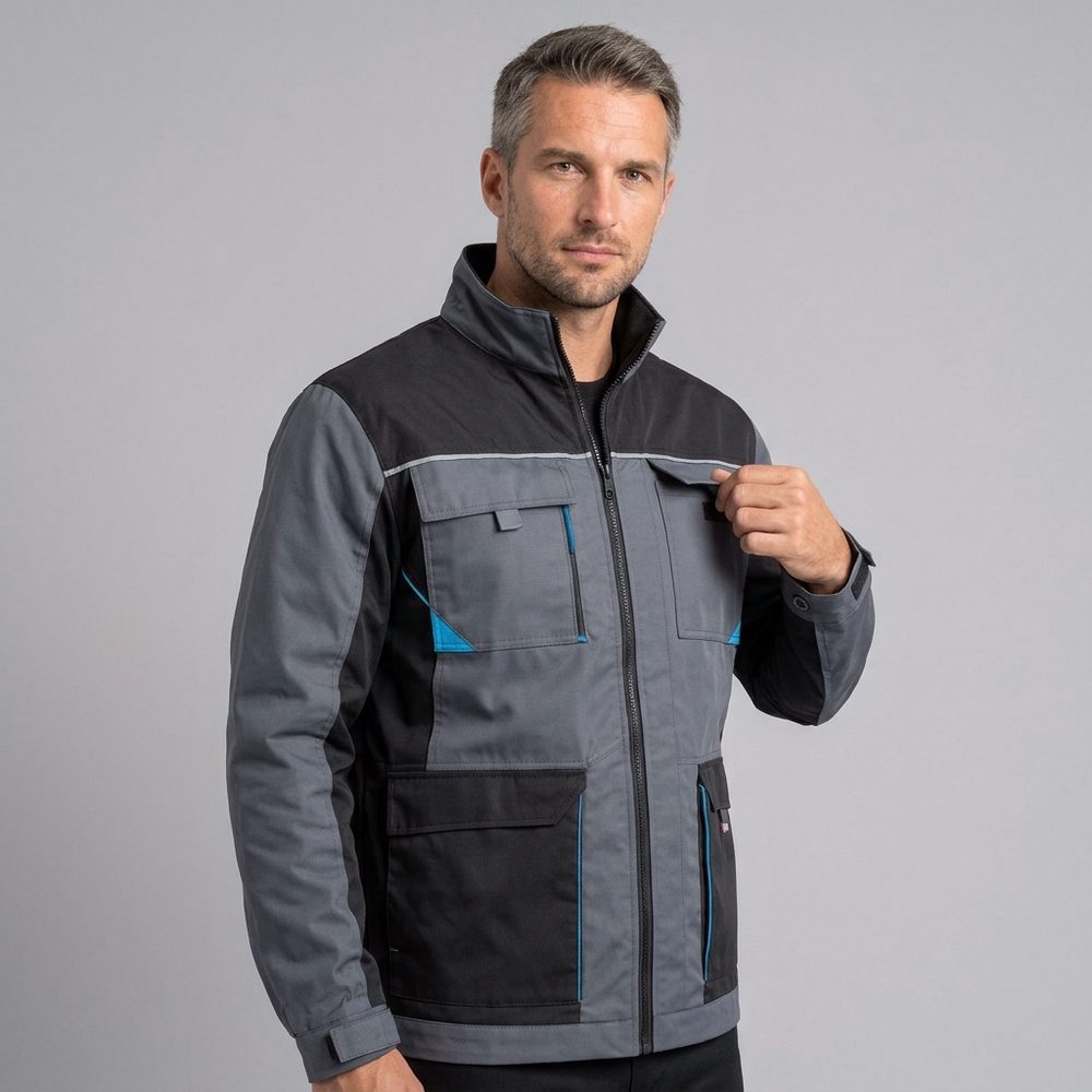 Bluza robocza rip-stop Rambo — szara z niebieskimi wstawkami, 230 g/m², 4 kieszenie