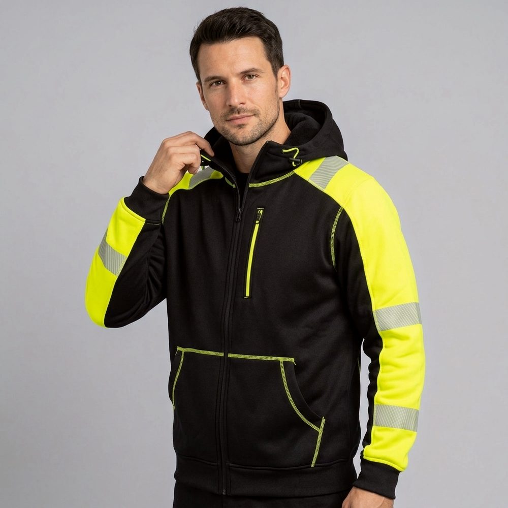 Bluza robocza z kapturem Orion — dresowa z polarem, czarna z żółtymi wstawkami fluo