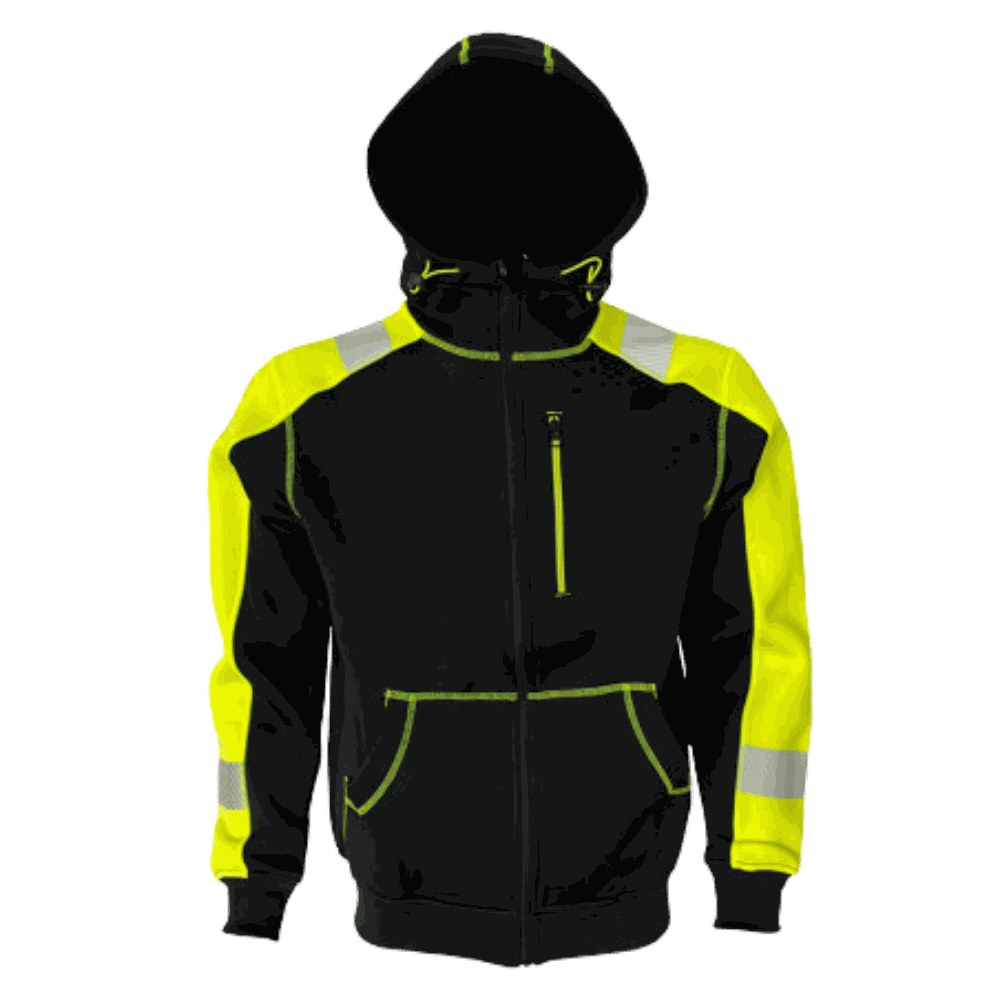 Bluza robocza z kapturem Orion — dresowa z polarem, czarna z żółtymi wstawkami fluo