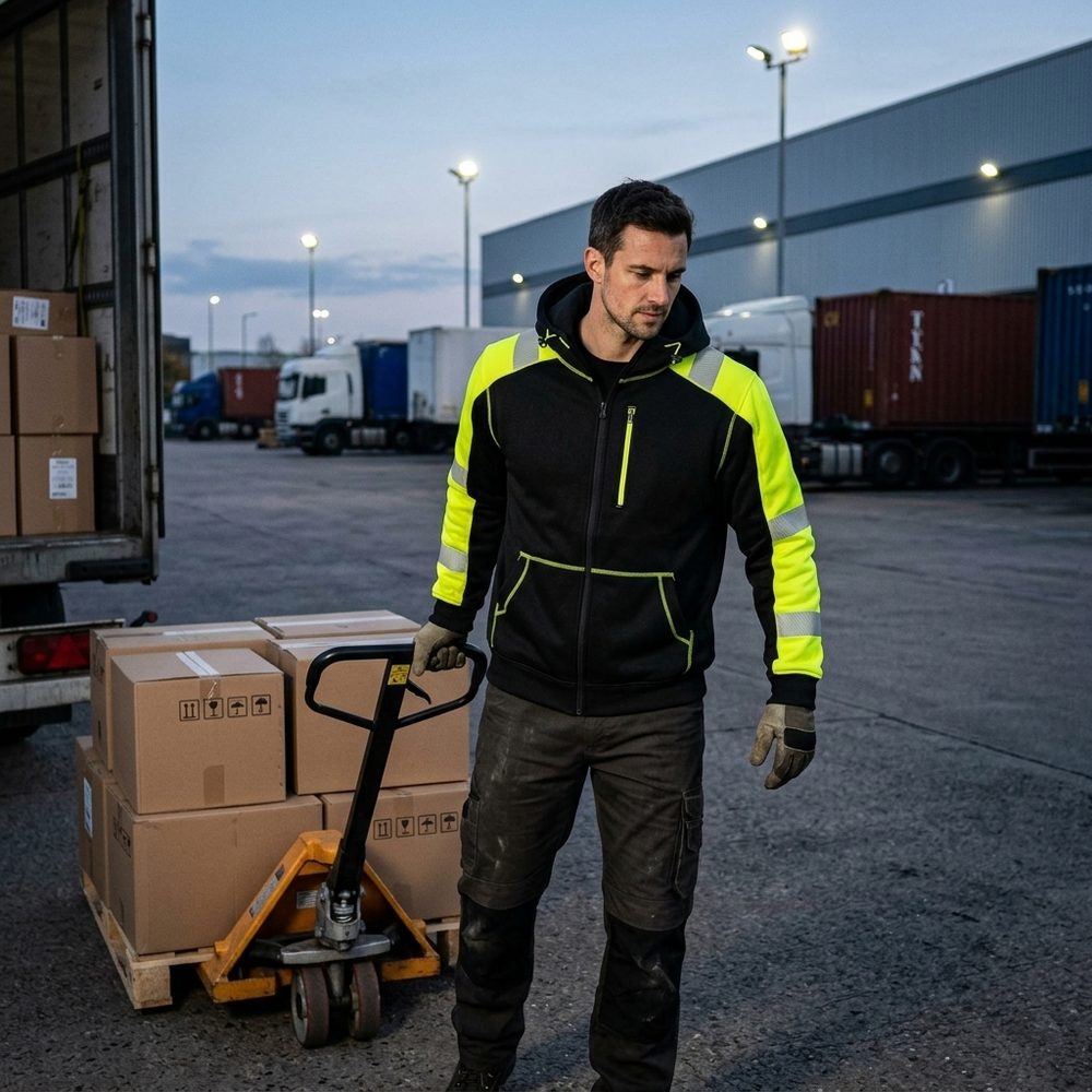 Bluza robocza z kapturem Orion — dresowa z polarem, czarna z żółtymi wstawkami fluo