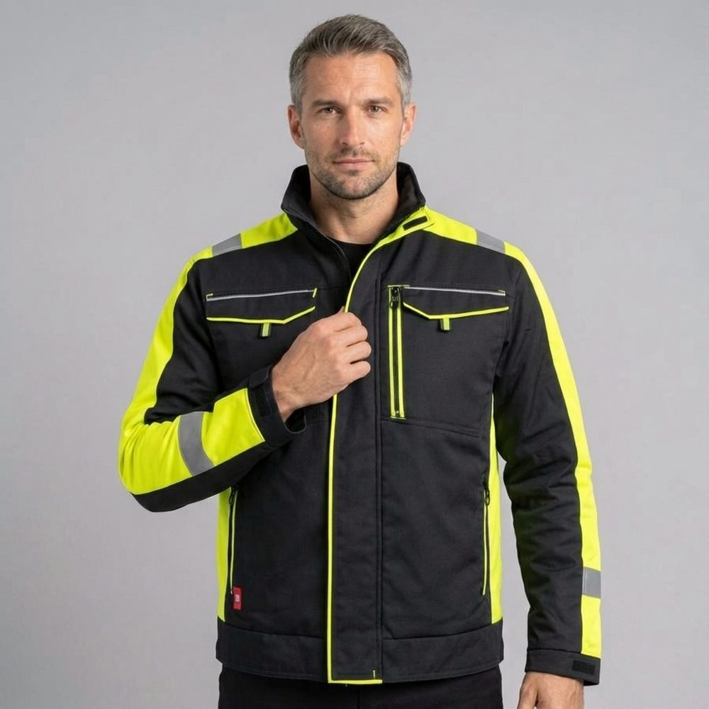 Bluza robocza Classic-Vis z canvas 270 g/m² — czarna z żółtymi wstawkami, odblaski, EN ISO 13688