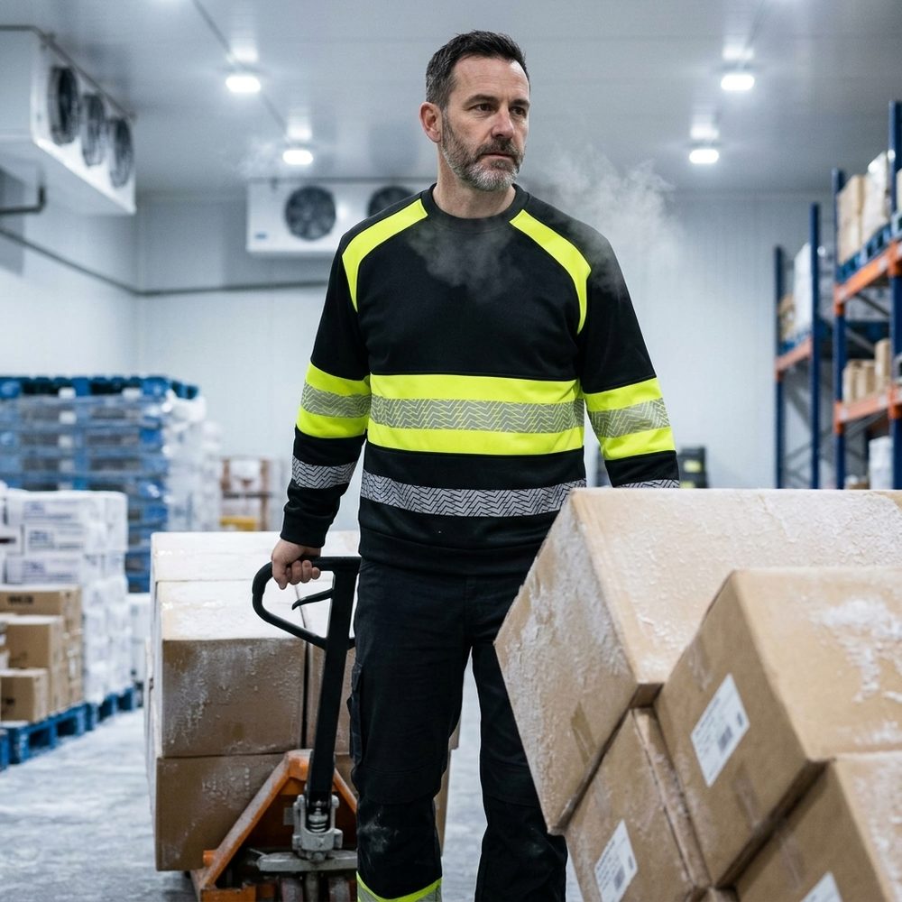 Bluza robocza 957 z polarem — wkładana przez głowę, czarna z żółtymi wstawkami i odblaskami