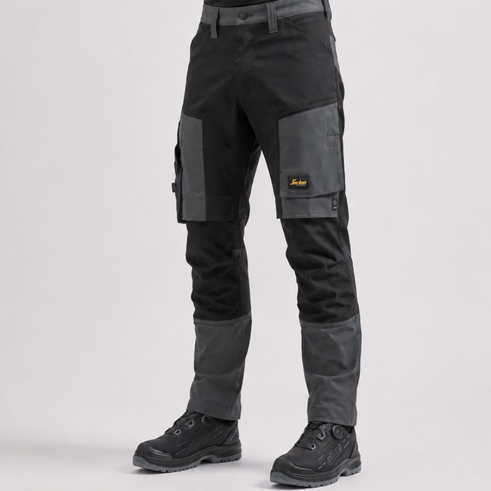 Spodnie robocze stretch Snickers 6318 — szaro-czarne, 4-way stretch Sorona®, CORDURA®, EN 14404